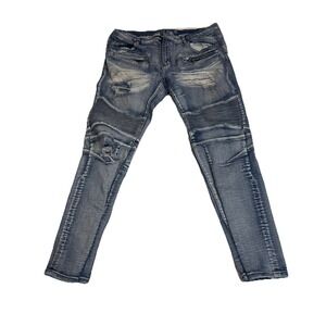 Crysp Denim Jeans Mens 38x32 Blue Light Wash Moto Biker Skinny Distressed Ripped